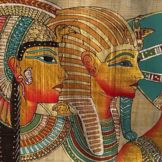 Cleopatra in Royal Vulture Crown • Nefertiti in Modius Papyrus • Egypt Papyrus Painting • Tutankhamen in Nemes Papyrus 17x13 inch