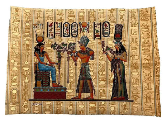 Egypt Ramses II Offers Flowers to Goddess Hathor Seated on A Throne - Ancient Egyptian Papyrus Painting of Gods and Goddesses - 13x9 Inches