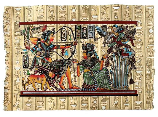 Egyptian Decor, King Tutankhamun & His Wife Hunting Birds, Egyptian Hand Painted Hieroglyphic Papyrus Painting for Home Office Decoration