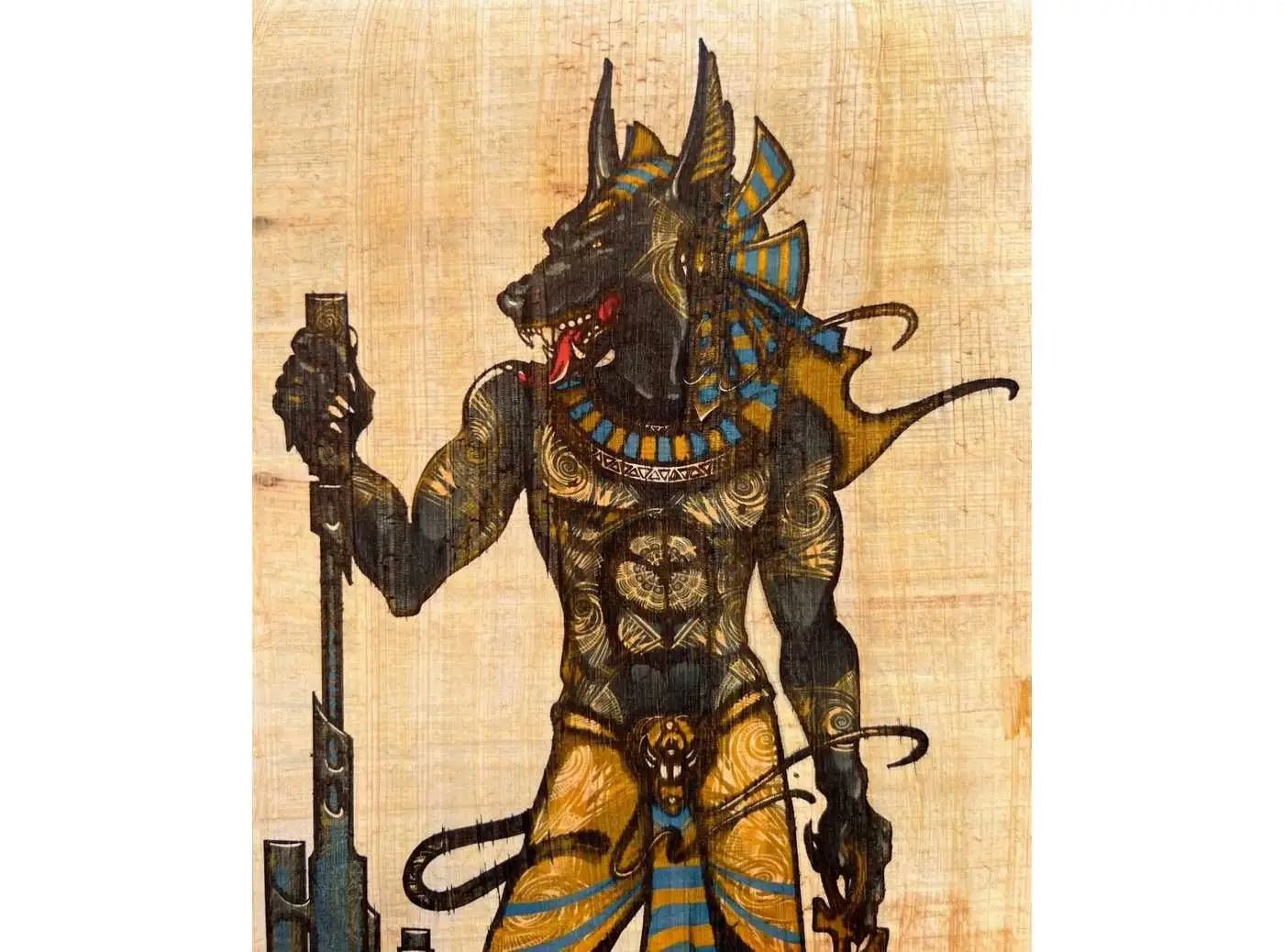 Egyptian God Anubis with A Weapon Illustration Printing on Egyptian Vintage Egypt Papyrus Paper