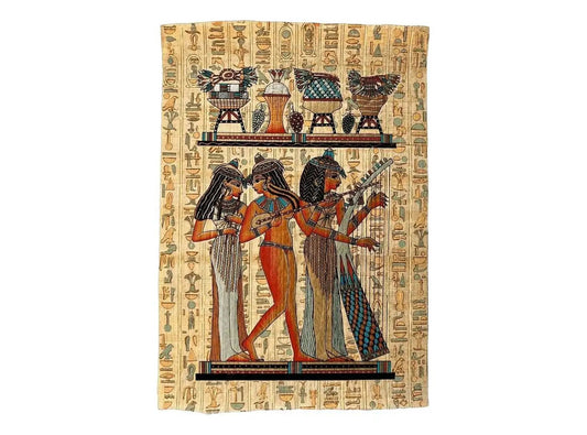 Egyptian Musicians and Their Instruments - Handmade Hand painted Papyrus Painting - Authentic Art of Ancient Egypt - Sistrum - Harp - Flute
