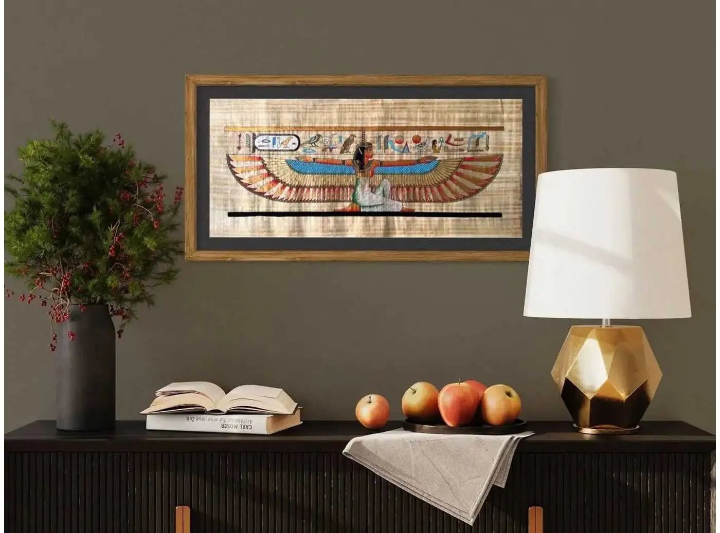 Extra Large Maat Wings - Egyptian Goddess Maat with Outstretched Wings Papyrus Art Print Wall Decor - 36x16 inches