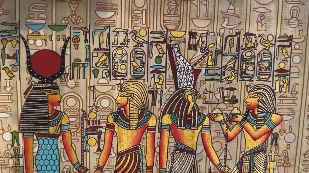 Tutankhamun Before Hathor, Tutankhamun Offering to Horus • 100% Authentic Egyptian Original Painting with Hieroglyphs Papyrus