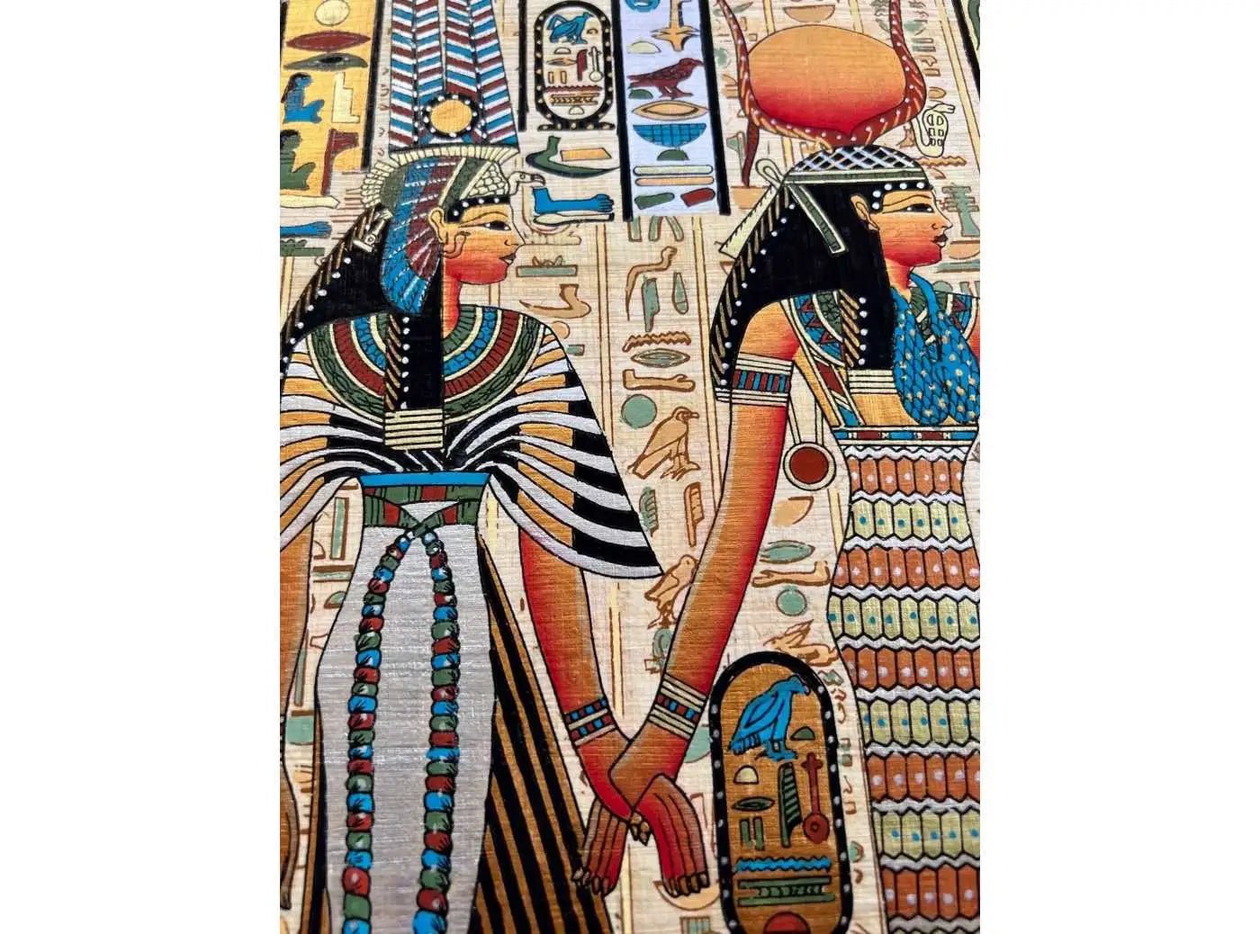 Goddess Isis Leading Queen Nefertari - Place in The Sacred Land Masterpiece Story - Egyptian Hand-Painted Papyrus Artwork - 13x17 Inches