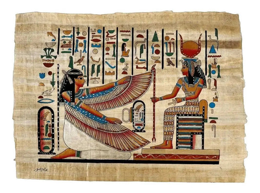 Goddess Ma’at Kneels Before Isis - Spreads out Her Wings to Protect the Cartouche Containing the Name of Queen Nefertari - Egyptian Decor