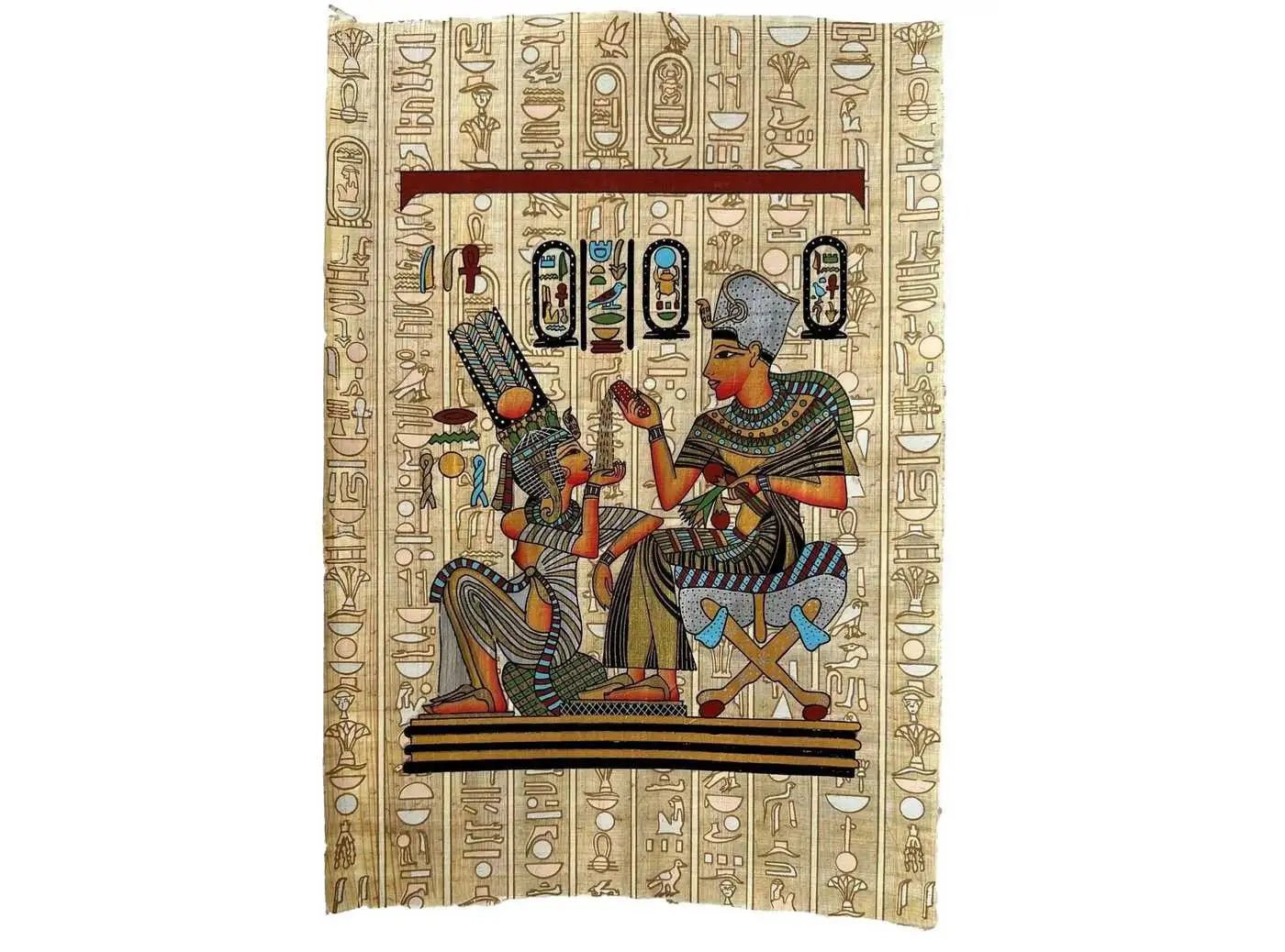 Hieroglyphs Paintings - King Tut on Throne with Wife Ankhesenamun Giving Her Perfume - Wall Art Papyrus