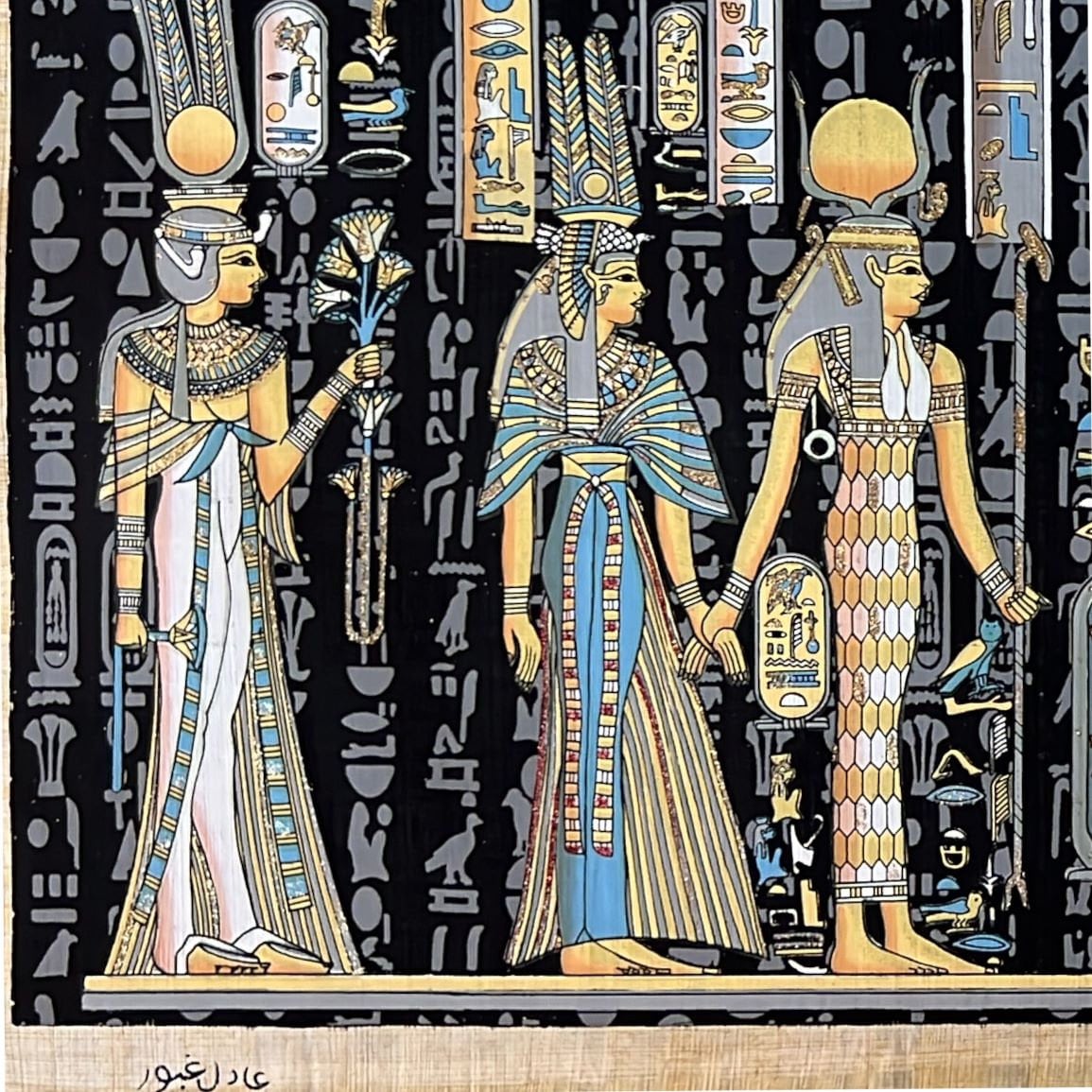 Wall Art Decor Ancient Egyptian Painting - Horus Leading Nefertari into the Afterlife & Goddesses Maat and Isis - 36x16 inches Extra Large