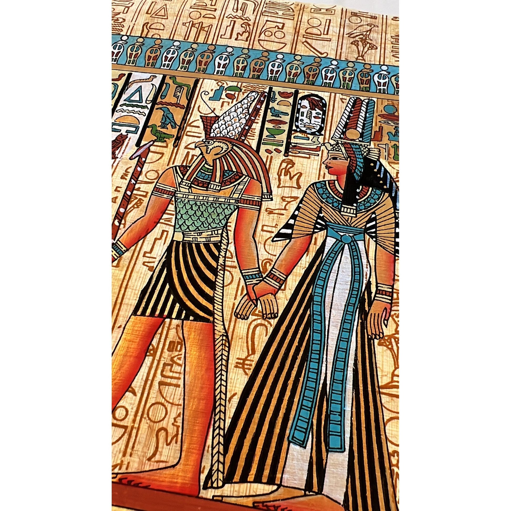 omb Painting of Goddess Hathore God Horus, Horus Leading Queen Nefertari Into the Afterlife, Made in Egypt, Papyrus Painting