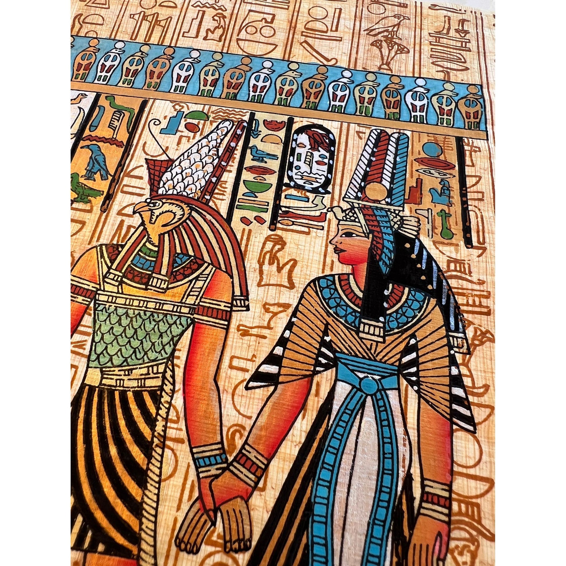 omb Painting of Goddess Hathore God Horus, Horus Leading Queen Nefertari Into the Afterlife, Made in Egypt, Papyrus Painting