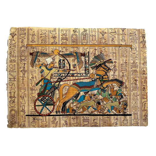 Ramses II War Chariot, Battle of Kadesh, Hittites vs Egyptians, Vintage Art Hieroglyphs Papyrus Painting, Egyptian Mythology