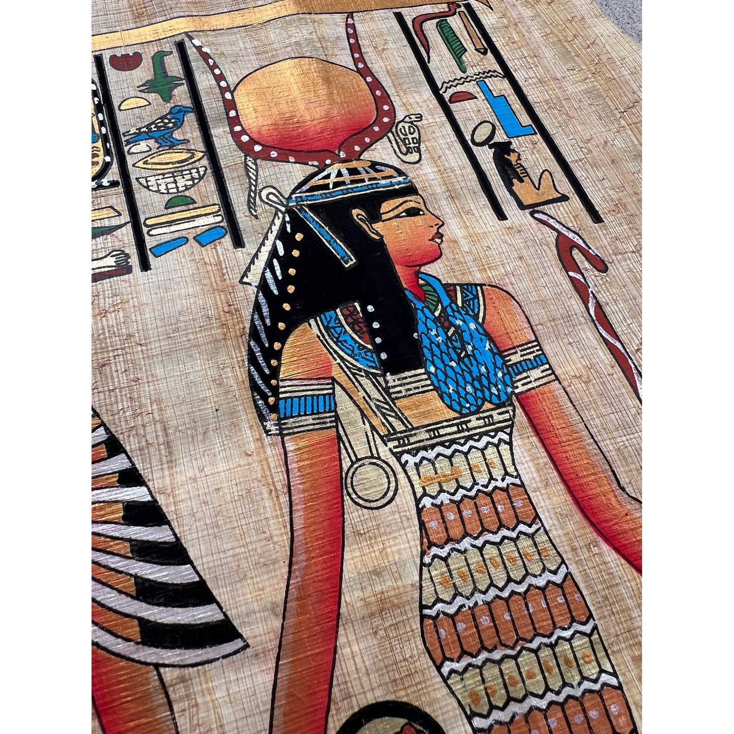 Isis Leading Queen Nefertari - Place in The Sacred Land Masterpiece Story - Egyptian Hand Painted Papyrus Artwork, Wall Decor- 13x17 Inches