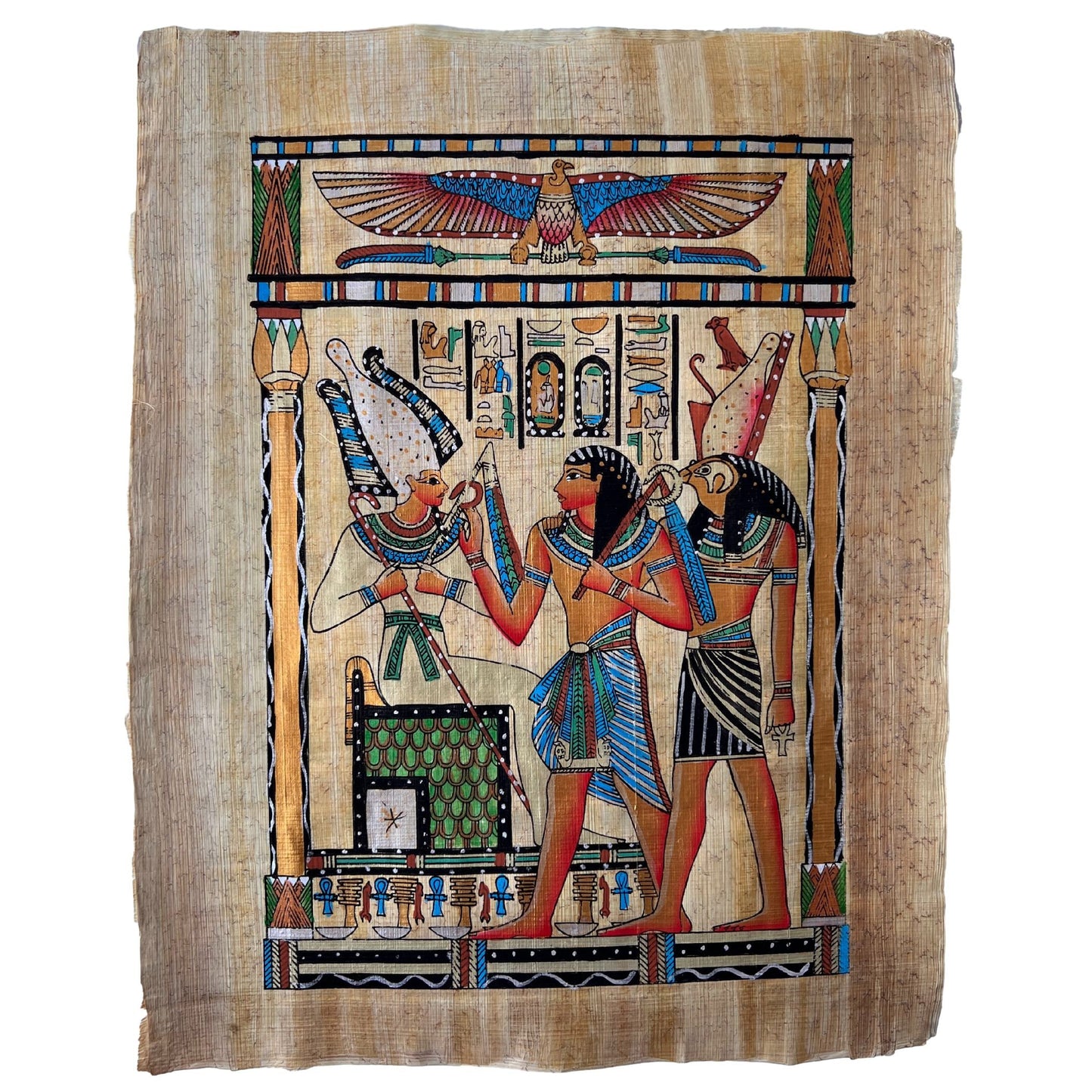 Osiris Lord of Gods, Pharaoh and God Horus Ancient Egyptian Genuine Hand Painted Papyrus Painting Art