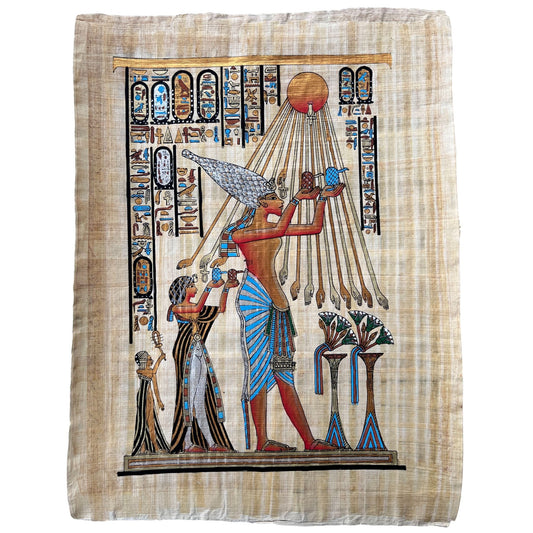 Egyptian Painting of King Akhenaten with His Wife Nefertiti and Their Daughters Bearing Offerings to The Sun-Disk Aten - Handmade Papyrus