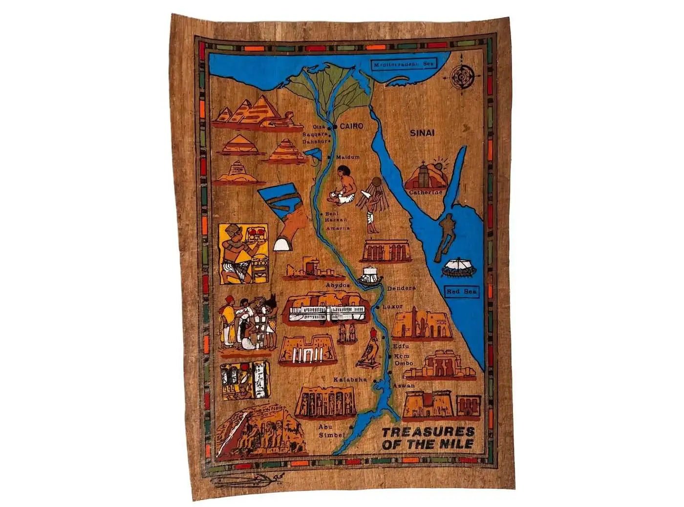 Illustrated Map of Ancient Egypt Treasures of Nile on Brown Papyrus Printing on Egyptian Papyrus