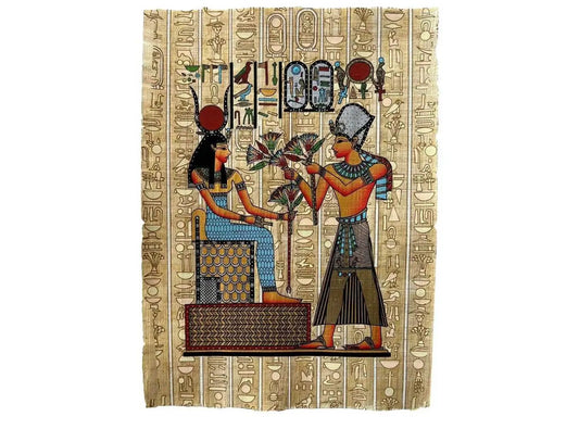 King Ramesses Offerings Lotus Blossoms - Vintage Authentic Hand Painted Hieroglyphs Papyrus Painting