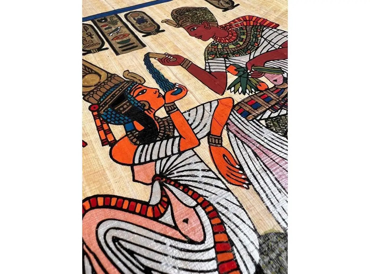 King Tut on Throne with Wife Ankhesenamun Giving Her Perfume • Egypt Decor • Wall Art Papyrus