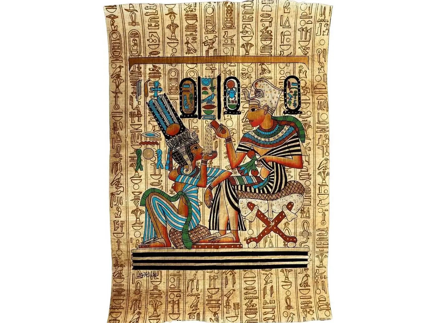 King Tut Pouring Perfume Oil to His Wife Ankhesanamum - Ancient Egyptian Papyrus - Authentic Art of Adel Ghabaour - Handmade in Egypt