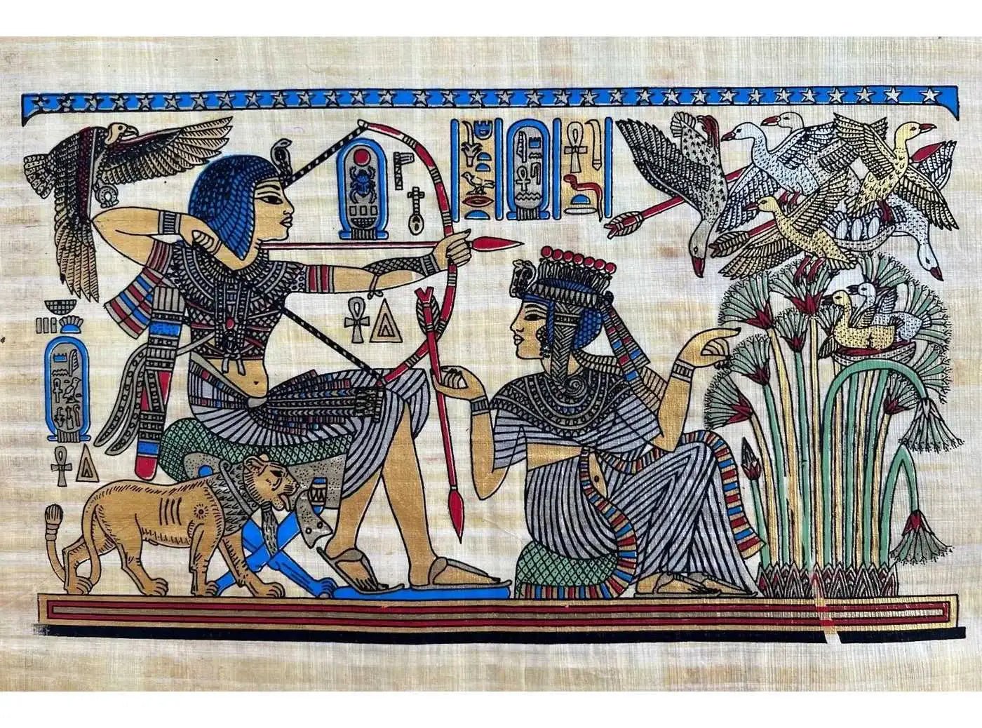 King Tut Tutankhamun and His Wife Hunting Birds - Egyptian Original Hand Painted Papyrus