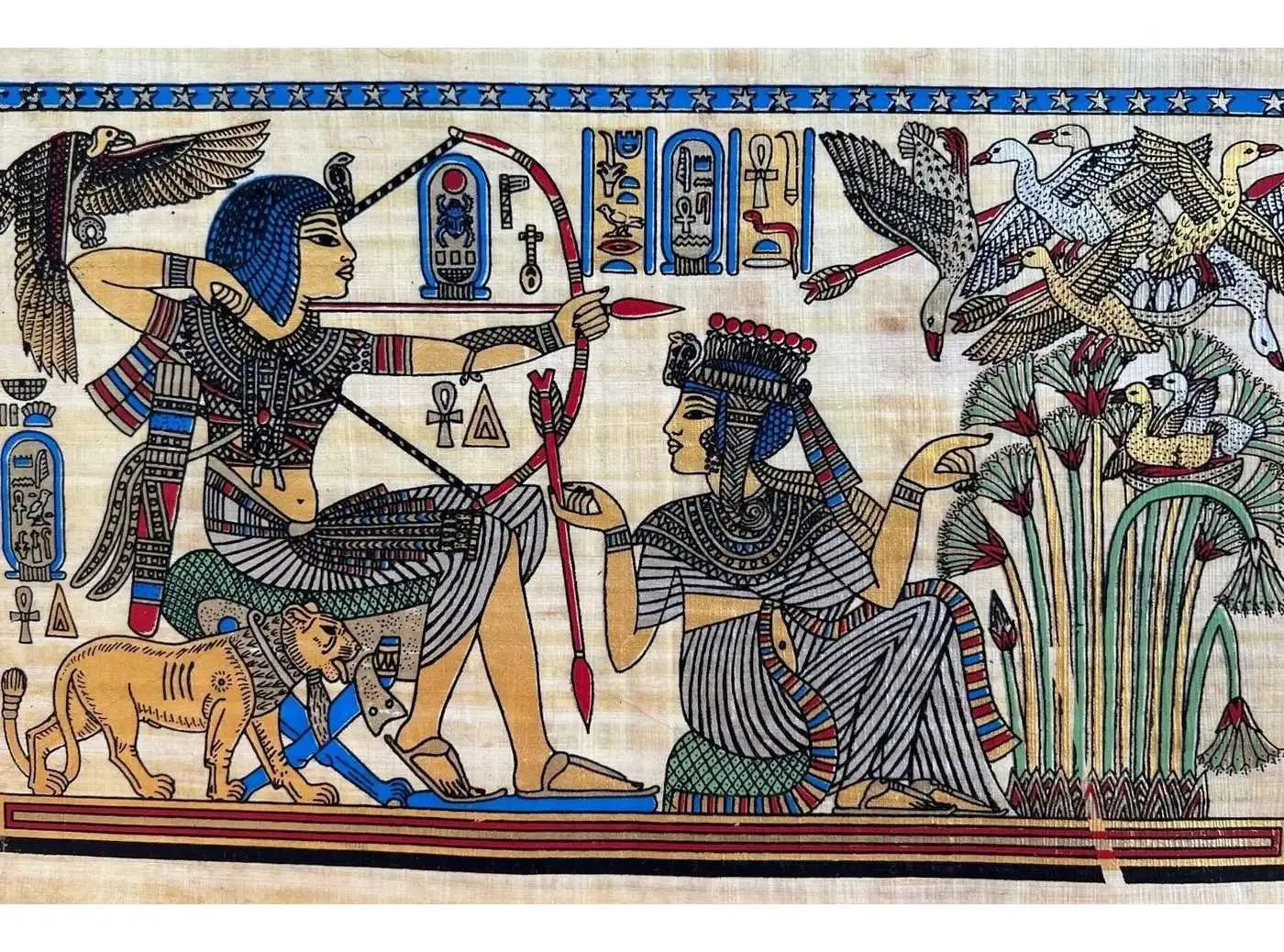 King Tut Tutankhamun and His Wife Hunting Birds - Egyptian Original Hand Painted Papyrus