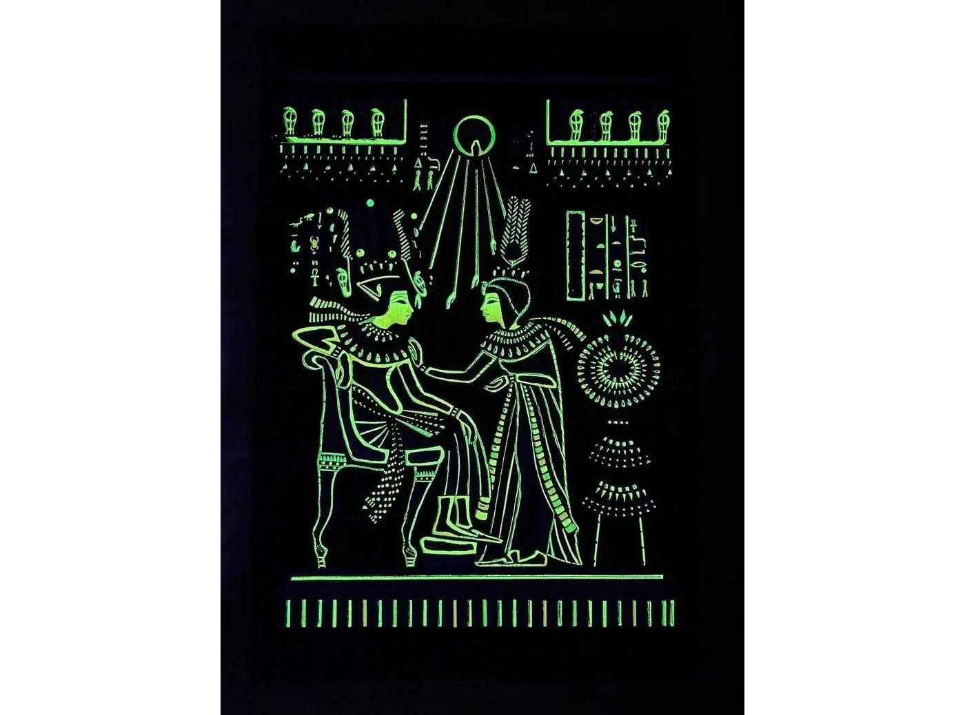 King Tutankamun and Queen Ankhesenamun Throne Room Royal Scene with Sun Disc Glow In Dark