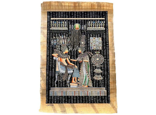 King Tutankamun and Queen Ankhesenamun Throne Room Royal Scene with Sun Disc Glow In Dark