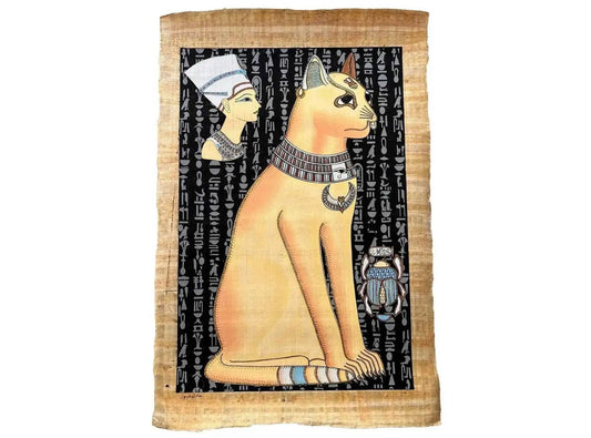 Large Egyptian Cat Bastet Goddess - Egyptian Papyrus Painting - Wall Art Decor Glow In Dark Black Light
