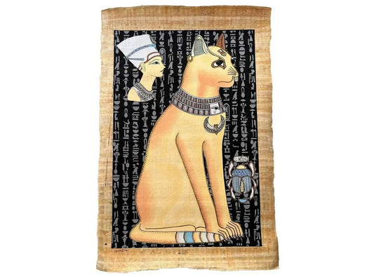 Large Wall Decor Egyptian Cat Bastet Goddess Painting on Papyrus Hieroglyphs Background - Glow In Dark