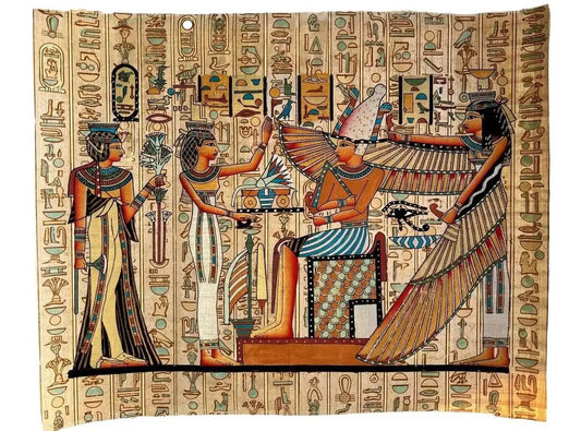 Nefertiti and Isis Before Osiris and Winged Nephthys - Papyrus Painting of Ancient Egypt Decor