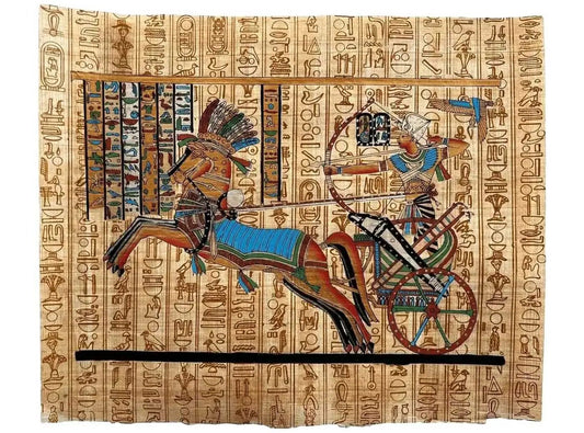 Pharaoh Ramesses II on Chariot - Vintage Egyptian Papyrus Painting Chariot Scene - Ramses The Great - Gift for Kemetic - 17x13 Inches