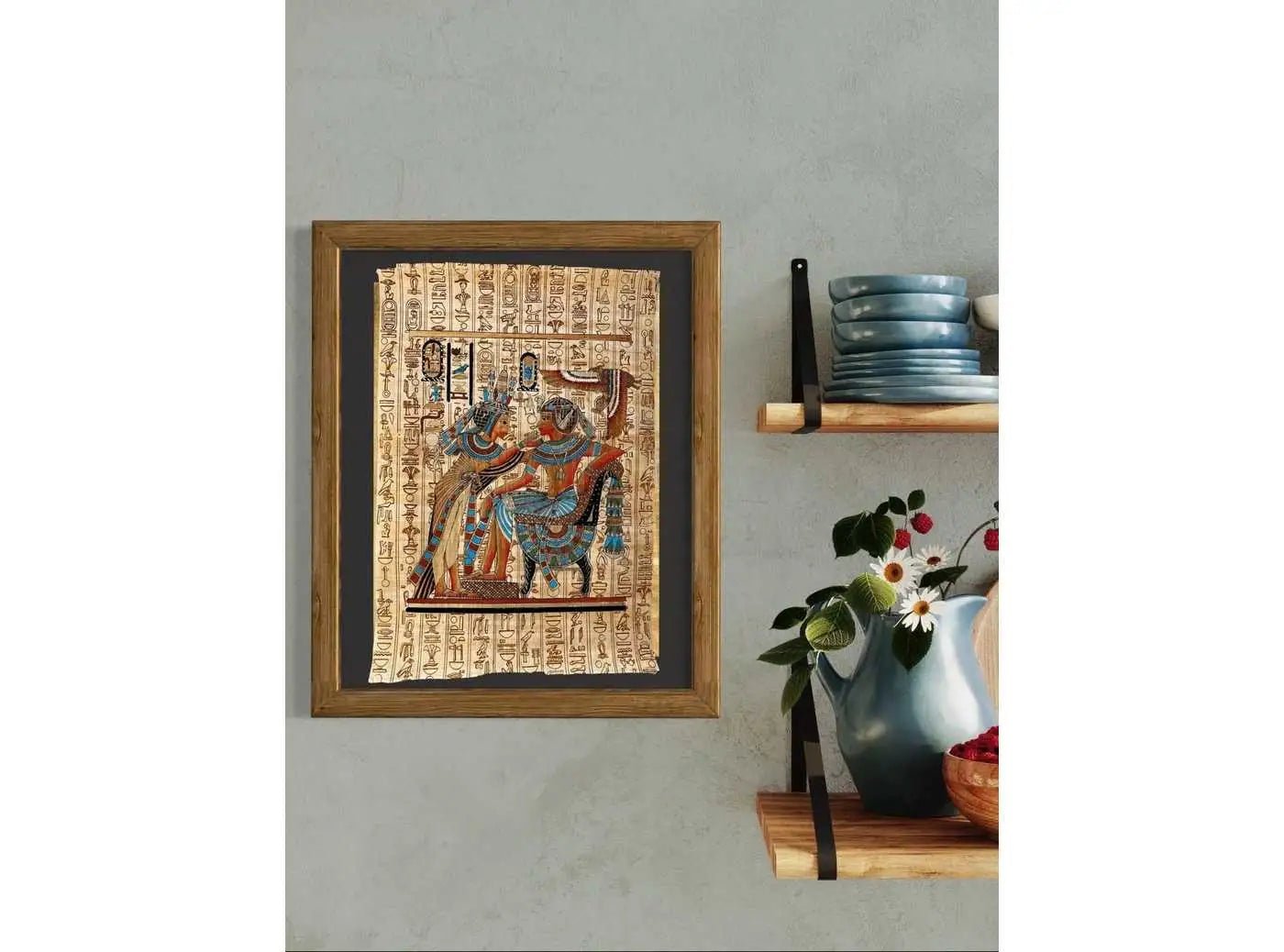 Queen Ankhesenamun Anointing her Husband King Tut - Papyrus Painting from Ancient Egypt - Hieroglyphic Background - 13x17 inches - 30x40 cm