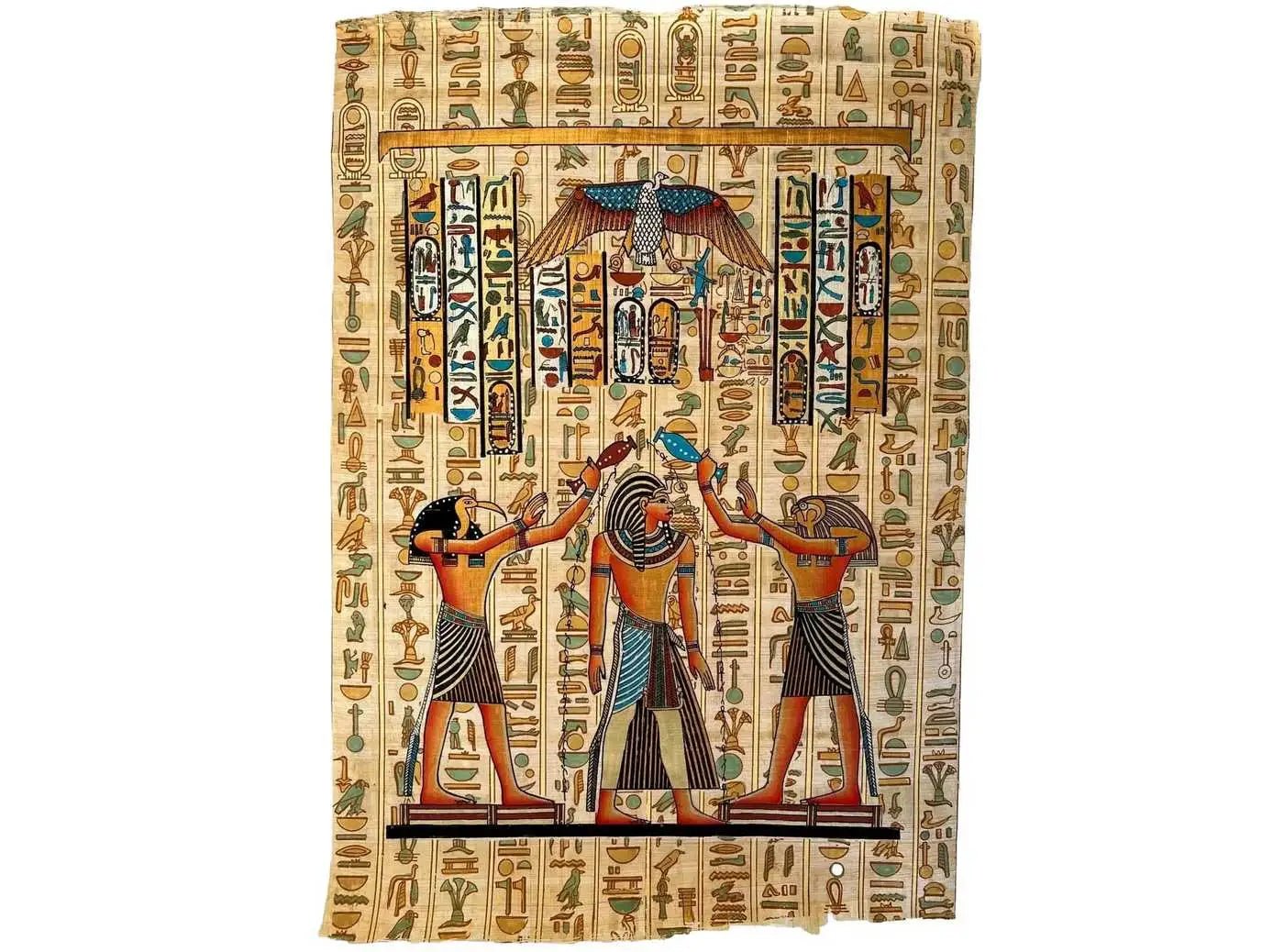 Ramses II Coronation - Thoth and Horus pouring life on Pharaoh - Egypt Papyrus Painting - Authentic Art of Ancient Egypt