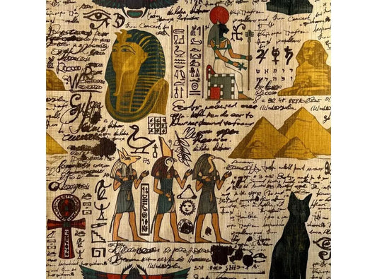 Seamless Pattern on an Ancient Egypt theme with color images of Egyptian Gods and Unreadable Scribbles