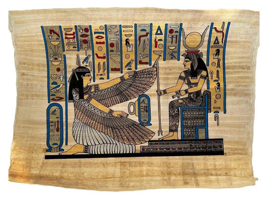 The Goddess Isis (Hathor) and Ma'at - Authentic Hand Painted Papyrus - Ancient Egypt Wall Decor