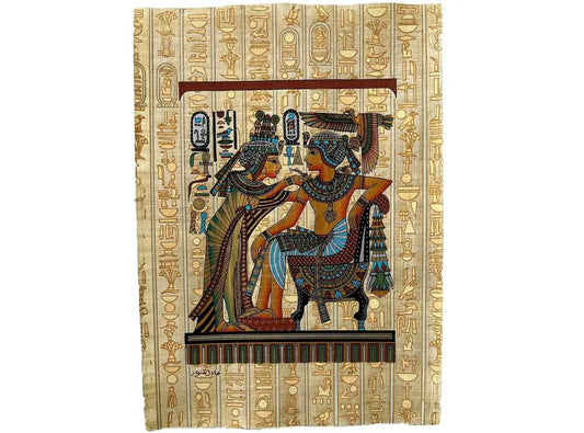 Tutankhamun and His Beautiful Wife Ankhesenamun - Vintage Authentic Hand Painted Papyrus With Signature