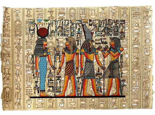 Tutankhamun Before Hathor, Tutankhamun Offering to Horus - Authentic Egyptian Painting with Hieroglyphs