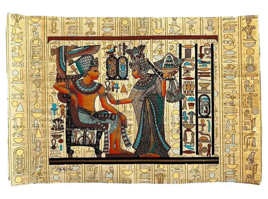 Tutankhamun Receives Flowers from Ankhesenamen as A Sign of Love in A Garden - Scene from Golden Shrine Tutankhamun's Tomb - Papyrus Art