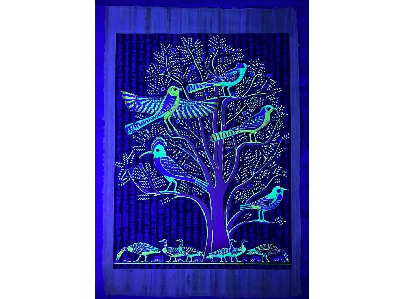 Wallart Decor Ancient Egyptian Painting - Tree of Life Egypt Art on Handmade Papyrus, Hand Painting by Adel Ghabour Glow in Dark